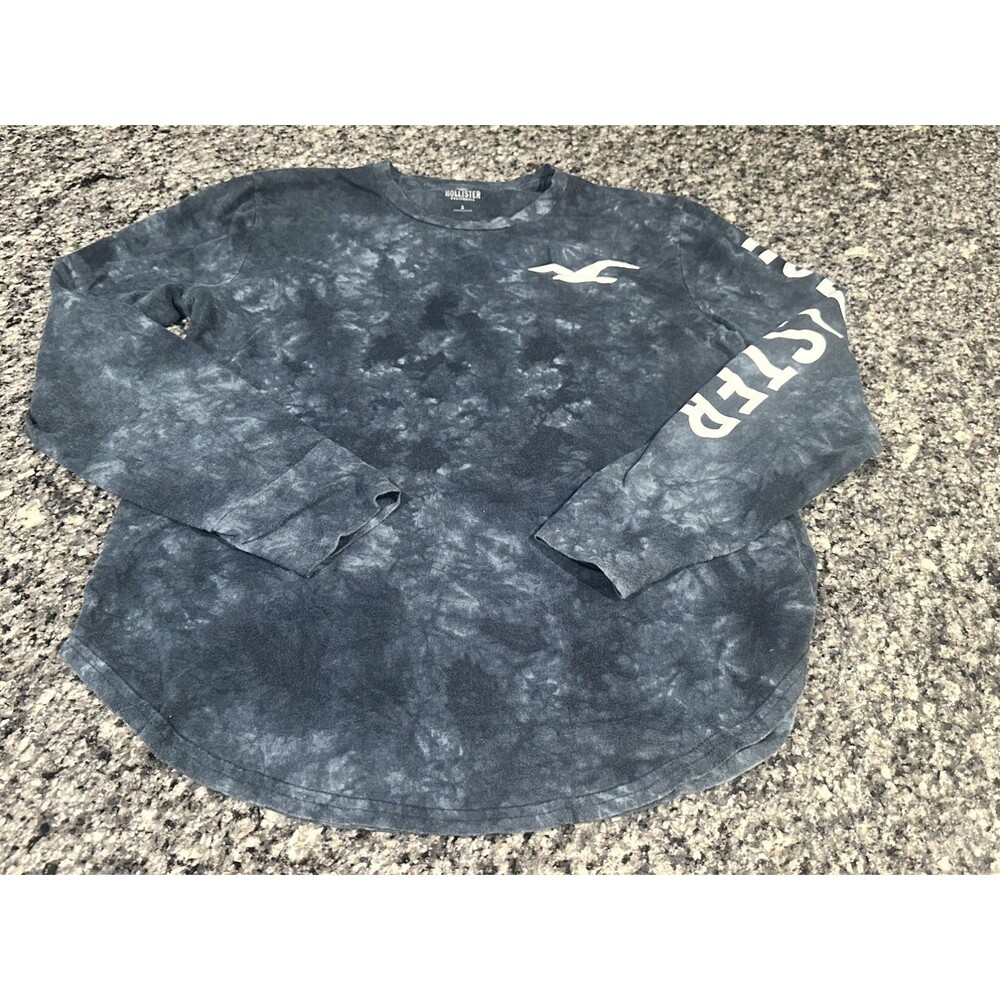 Hollister Women’s Small Dark Blue Tie-Dye Long Sleeve Graphic Tee Logo Sleeve